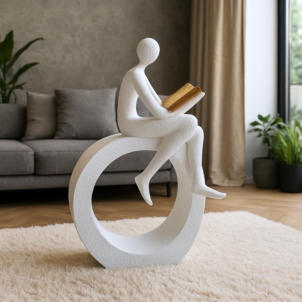 Aura 3D Person Reading a Book on Circular Base Abstract Statue for Home Decor showpiece Figurine Sculpture for Home Decoration Items for Living Room Office Desktop Bookshelf White Art Gift
