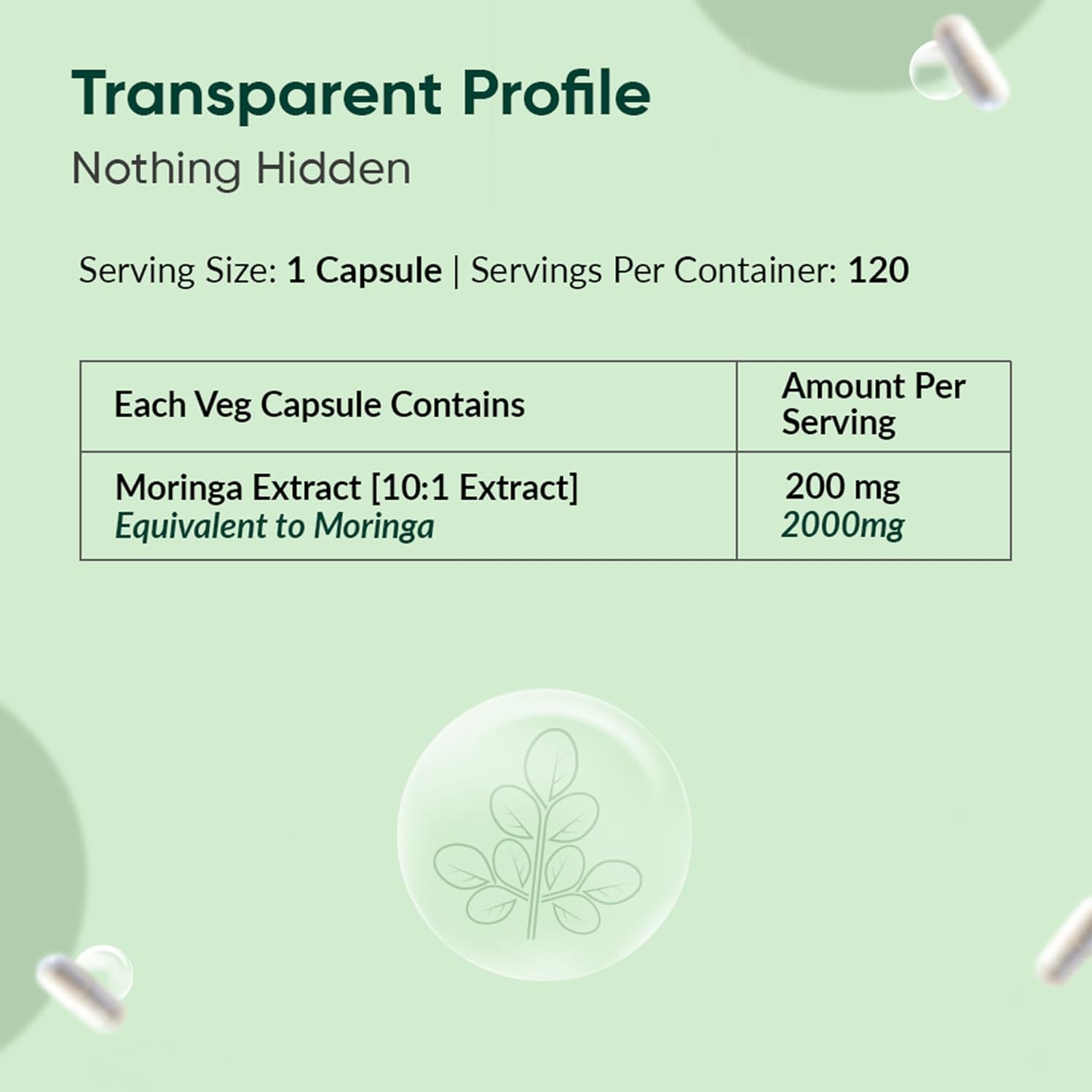 Veggie capsule label with Moringa Extract information on a green background
