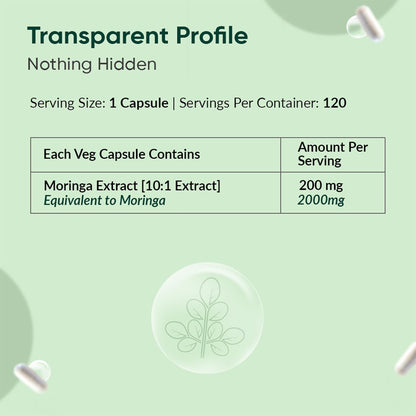 Veggie capsule label with Moringa Extract information on a green background