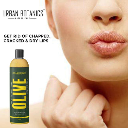 Lip balm bottle with a close-up of lips and text promoting olive oil for dry lips.