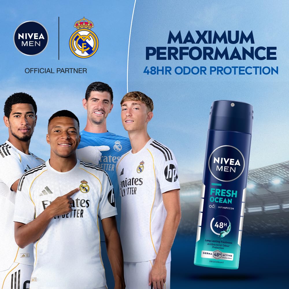 NIVEA Men Fresh Ocean Deodorant Spray, 150ml | 48 H Active Odour Protection | Fresh Long Lasting Deo for men | Fights Odour causing bacteria | Aqua and Sandalwood | 150ml