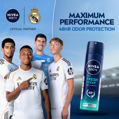 NIVEA Men Fresh Ocean Deodorant Spray, 150ml | 48 H Active Odour Protection | Fresh Long Lasting Deo for men | Fights Odour causing bacteria | Aqua and Sandalwood | 150ml