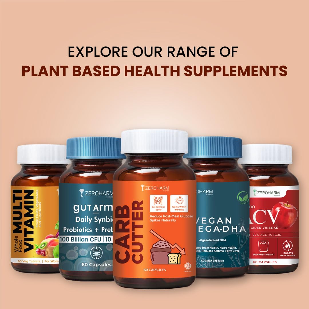 ZEROHARM Carb Cutter With Mulberry Leaf Extract, Berberine, Fenugreek, Lemon & Cinnamon for Post-Meal Glucose & Metabolism Support - Plant-based Support for Men,Women - 30 Capsules