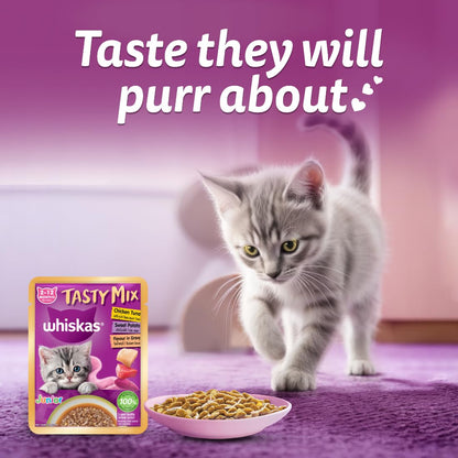 Whiskas Tasty Mix Kitten (2-12 Months) Wet Cat Food, Chicken, Tuna with Sweet Potato in Gravy, 70 g, 100% Complete & Balanced Nutrition for Kittens