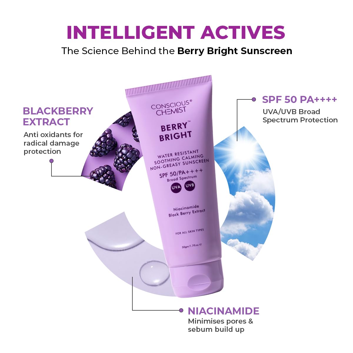 Conscious Chemist® Sunscreen & Azelaic Acid Cream Combo | SPF 50 PA++++ In-Vivo Tested | Sunscreen with Niacinamide & Blackberry | 10% Azelaic Acid Face Cream for Acne-Prone Skin, Redness Relief | All Skin Types - Berry Bright & Azicalm