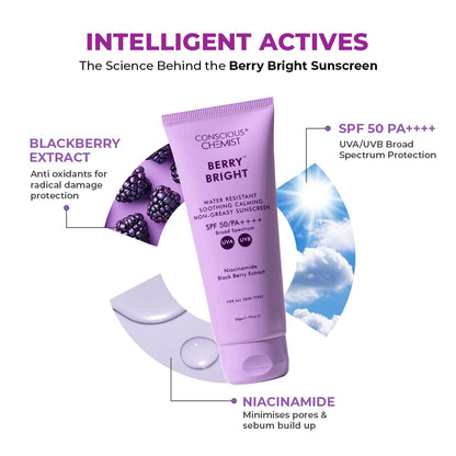 Conscious Chemist® Sunscreen & Azelaic Acid Cream Combo | SPF 50 PA++++ In-Vivo Tested | Sunscreen with Niacinamide & Blackberry | 10% Azelaic Acid Face Cream for Acne-Prone Skin, Redness Relief | All Skin Types - Berry Bright & Azicalm