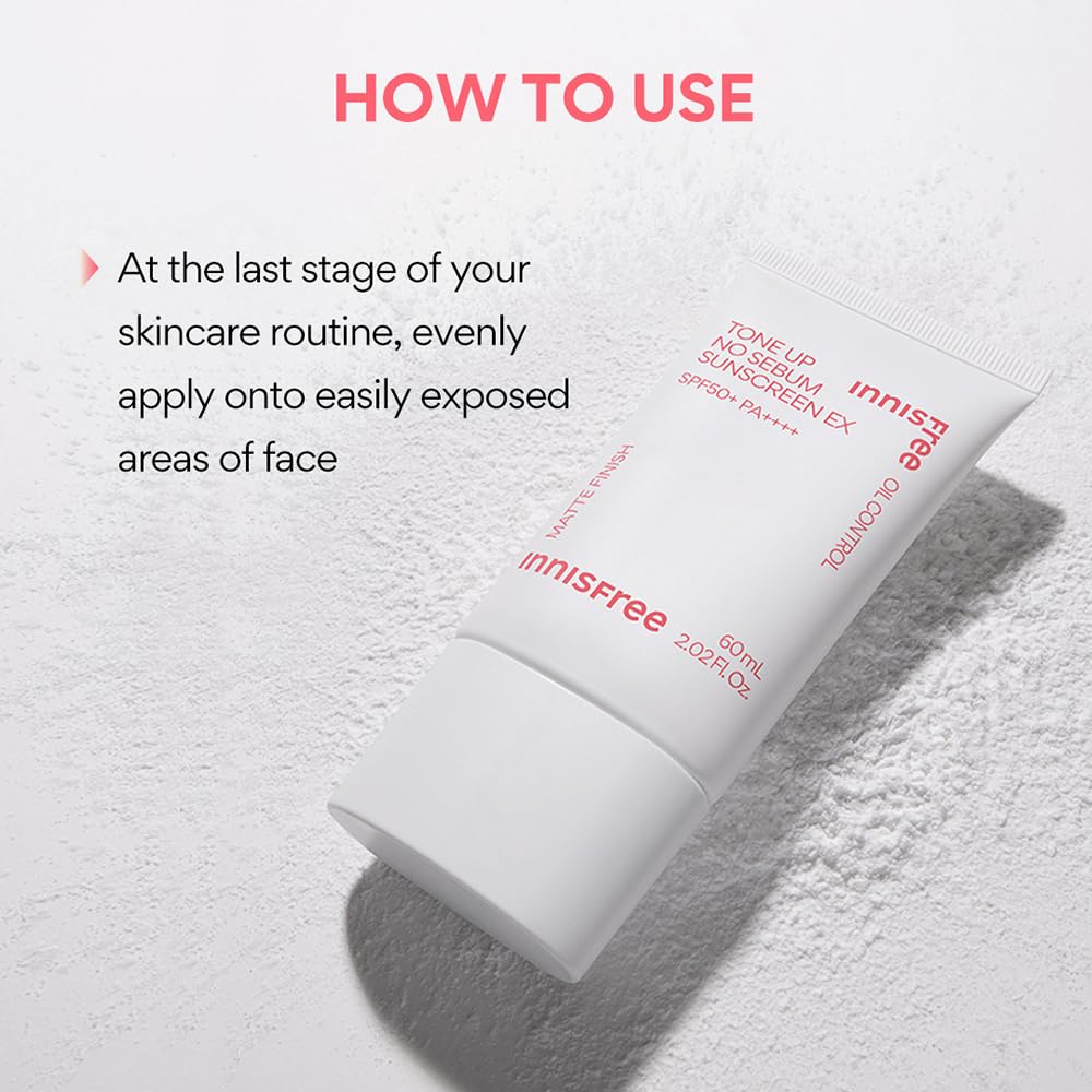 Innisfree sunscreen tube with usage instructions on a textured white background