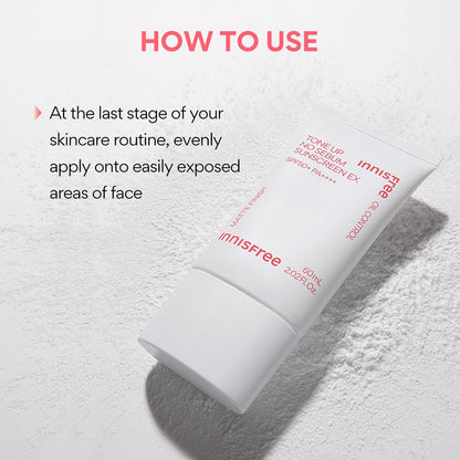 Innisfree sunscreen tube with usage instructions on a textured white background