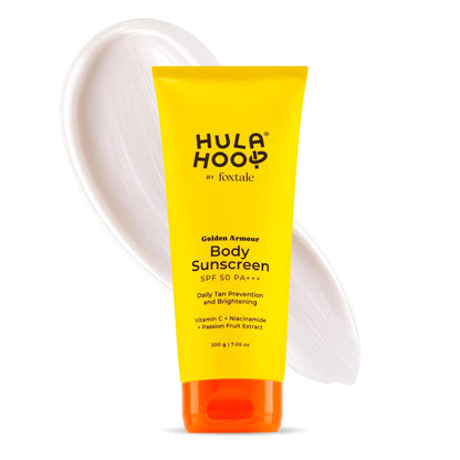 FoxTale Hula Hoop Body Sunscreen SPF 50 PA+++ by Foxtale | Vitamin C + Niacinamide + Passion Fruit Extract | Daily Tan Prevention & Brightening | 200g