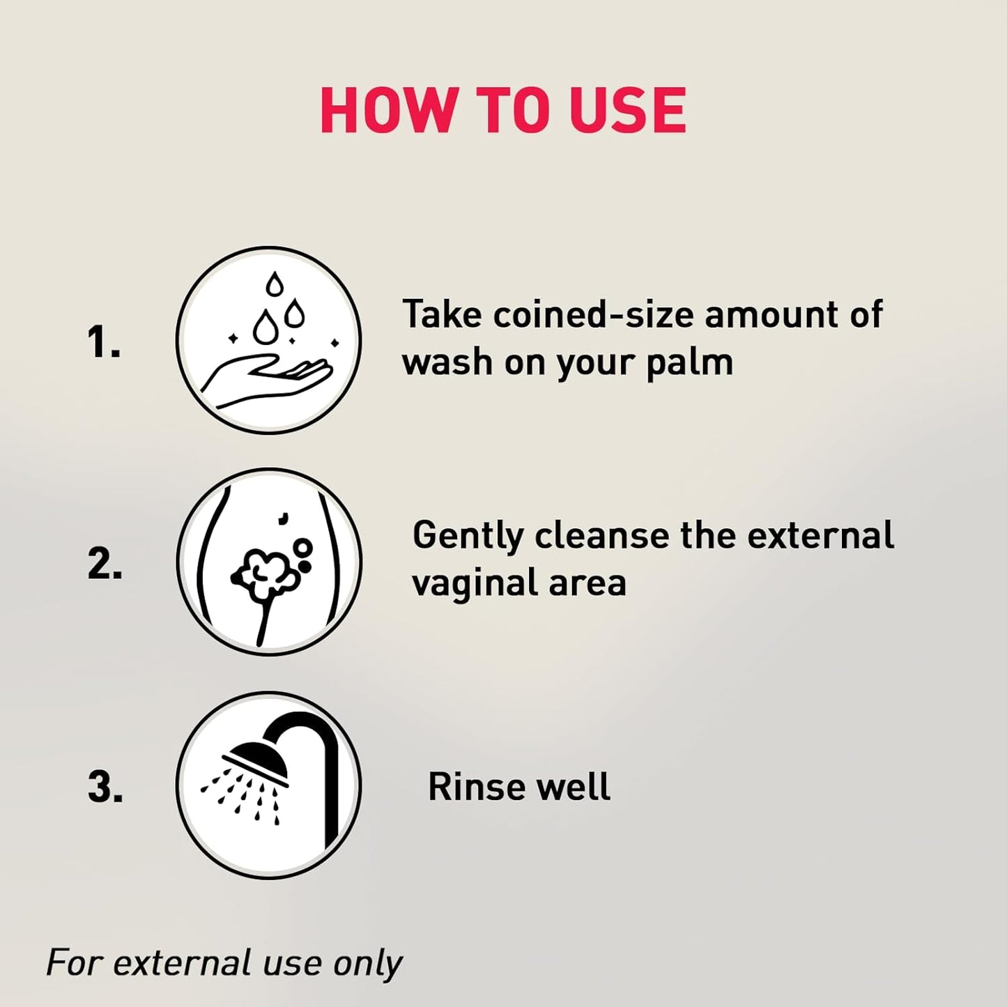 Instructions on how to use a product for external cleansing, shown with icons and text.