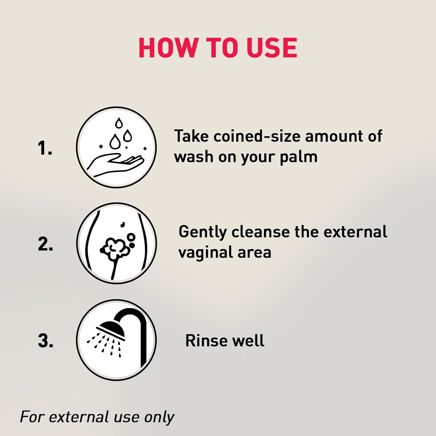 Instructions on how to use a product for external cleansing, shown with icons and text.