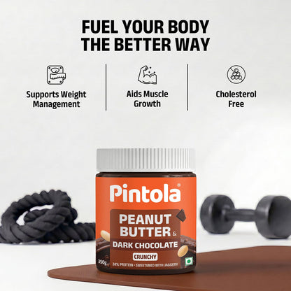 Pintola Peanut Butter Chocolate Flavour Crunchy - 18.6g Protein & 5.2g Dietary Fiber, Made with Premium Roasted Nuts & Cocoa, Gluten Free, Zero Cholesterol & Trans Fat, Vit E & B3, Dark Chocolate