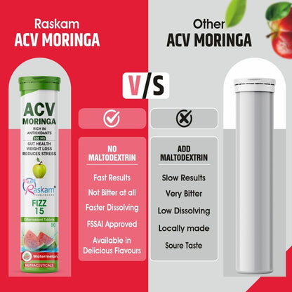 ACV Moringa 15 Effervescent Tablets 500mg Apple Cider Vinegar With No Added Sugar For Gut Health | Immunity Booster | Weight Loss | (Pack of 1, Refreshing Watermelon Flavour)