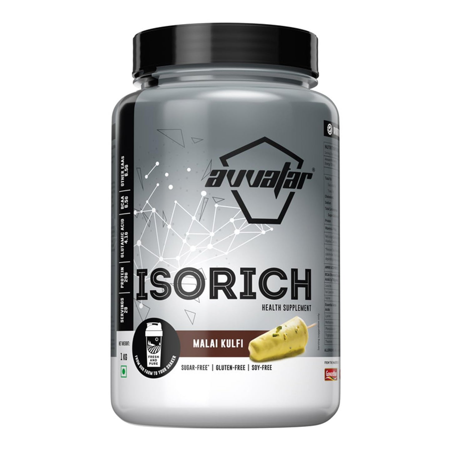 Supplement container labeled 'Avvaar Isorich' with a white background