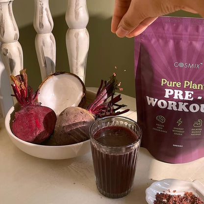 Cosmix Pure Plant Pre-Workout | Caffeine-Free Energy&Endurance | Muscle Recovery | 60g (50 Servings) | Beetroot Nitrates & Coconut Mcts | No Preservatives/Added Sugar | Plant Based | 200g Pack, Powder