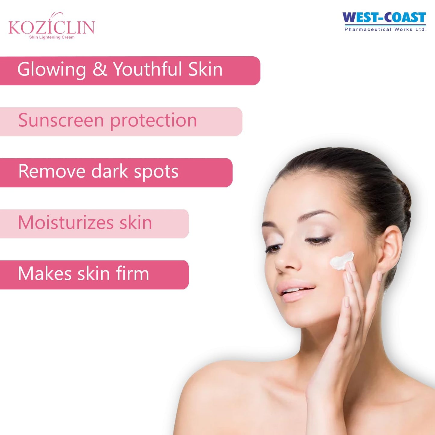 Woman applying cream to her face with Koziclin and West-Coast branding, highlighting skin care benefits.