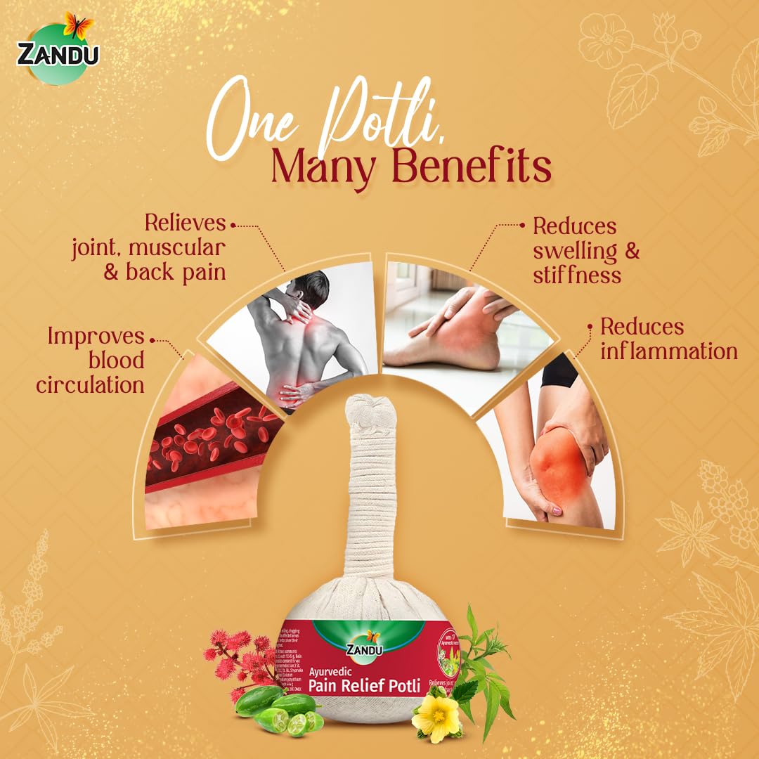 Zandu Ayurvedic Pain Relief Potli -180g |Manual Massager Potli | Alleviate Knee, Back, Neck & Leg Pain| Reduce Swelling | Improve Blood Flow with Pain Relief Potli | Blend of 17 Potent Ayurvedic Herbs