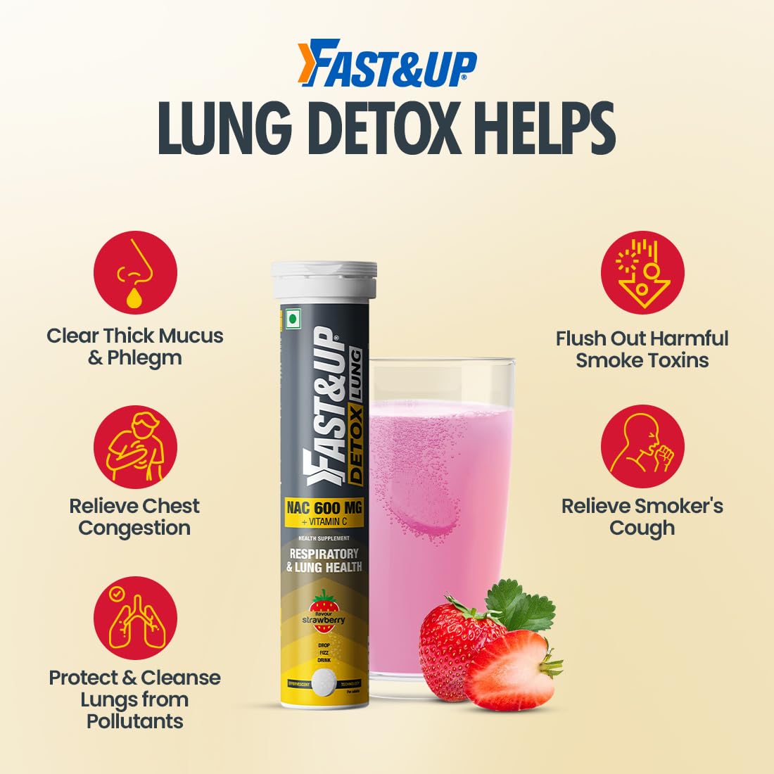 Fast&Up Lung Detox supplement with benefits listed on a beige background