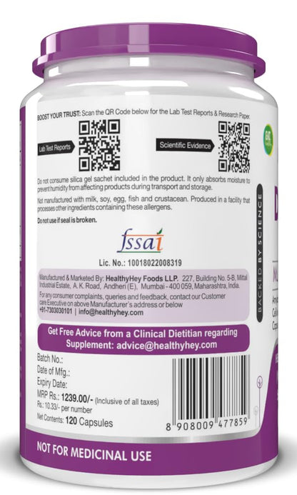 Supplement bottle with purple cap and label, showing text and a QR code.