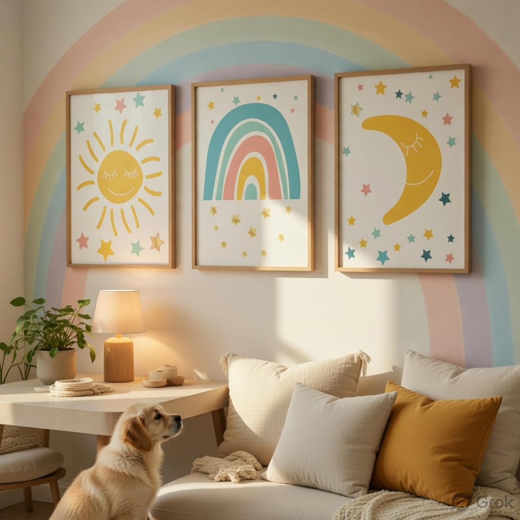 Kids Nursery Wall Painting Set of 3 with Wooden Frames | Sun Rainbow Moon Kids Room Wall Art | HD Sparkle Printed MDF Cartoon Wall Decor for Baby Room, Nursery, Playroom & Bedroom