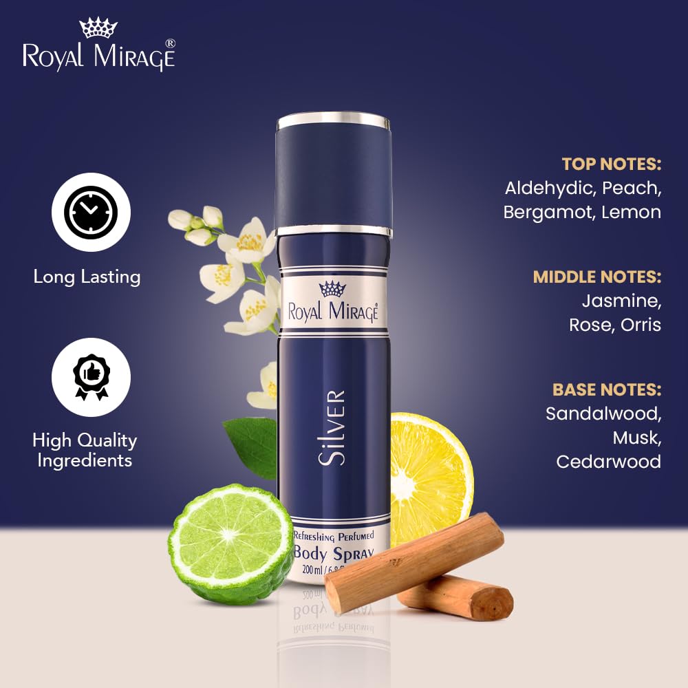 Royal Mirage Silver body spray with lime, lemon, and cinnamon on a dark background