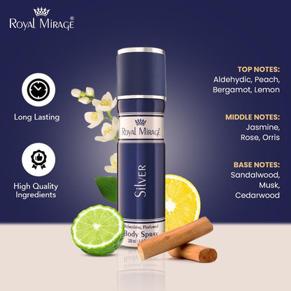 Royal Mirage Silver body spray with lime, lemon, and cinnamon on a dark background