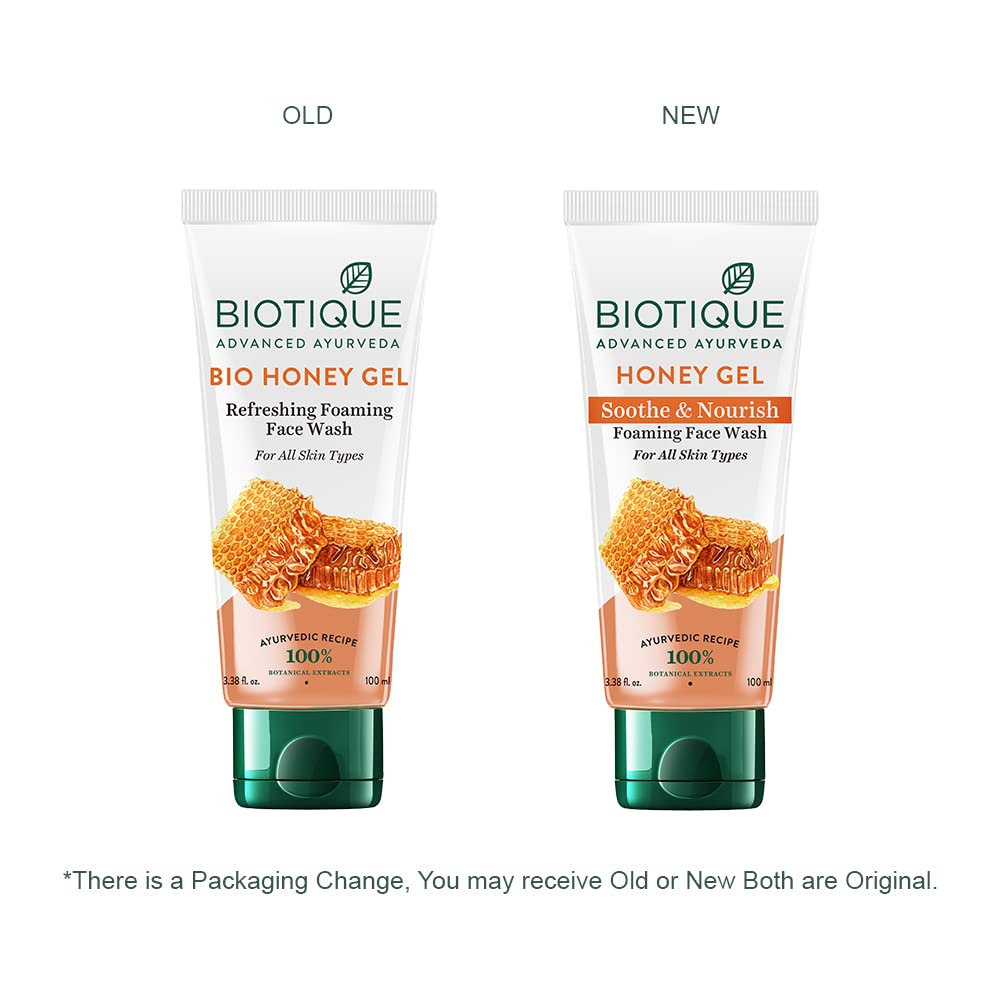 Two bottles of Biotique Honey Gel Face Wash, one labeled 'Old' and the other 'New', on a white background.