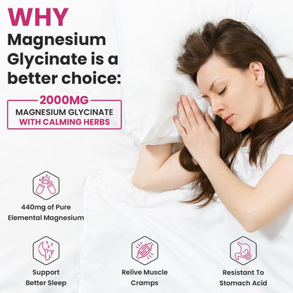 Woman sleeping with text about magnesium glycinate benefits on a white background