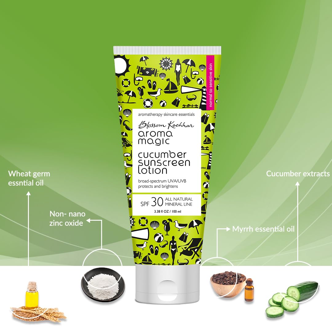 Aroma Magic Cucumber SPF 30 Sunscreen Lotion 50 ml | for Normal to Sensitive Skin | Non-Nano Zinc Oxide, Wheatgerm & Coconut Oil | Cools, Soothes & Protects | No Parabens or Alcohol | Pack of 1