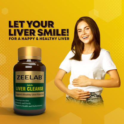 Zeelab Liver Cleanse supplement bottle with a woman on a yellow background
