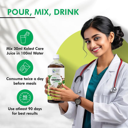 Woman in a white coat holding a bottle of Kolest Care Juice with health-related text on a green and white background.