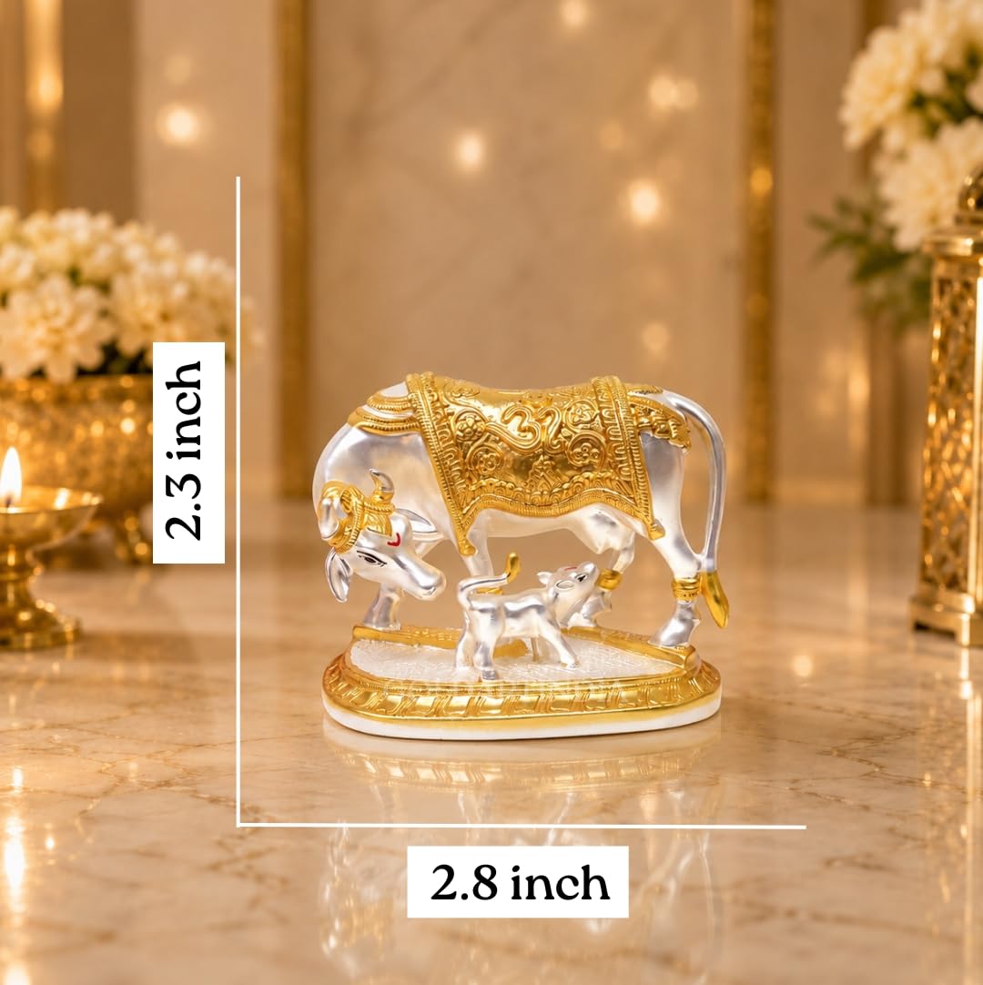 Gold Art India Kamdhenu Cow with Calf Idol | 999 Silver Plated & 24KT Gold Plated | Two Tone Matte Finish | Premium Peacock Green Velvet Gift Box | Vastu Cow Statue for Home Temple & Spiritual Gifting
