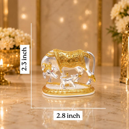 Gold Art India Kamdhenu Cow with Calf Idol | 999 Silver Plated & 24KT Gold Plated | Two Tone Matte Finish | Premium Peacock Green Velvet Gift Box | Vastu Cow Statue for Home Temple & Spiritual Gifting