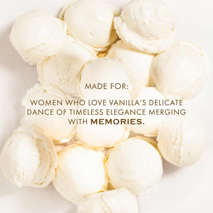 Vanilla ice cream scoops with a quote about women who love vanilla on a white background