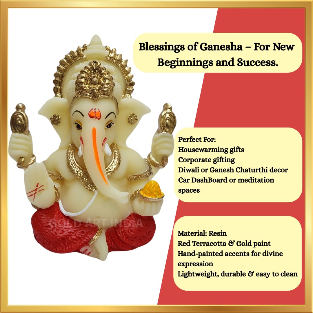 Gold Art India Peach Ivory 4-Hand Ganesha with Mukut for Home Decor Idol Ganesha Murti Ganpati Idol for car Dashboard Puja Lord Ganesh Statue Gift for Office Desk Puja Room Figurine