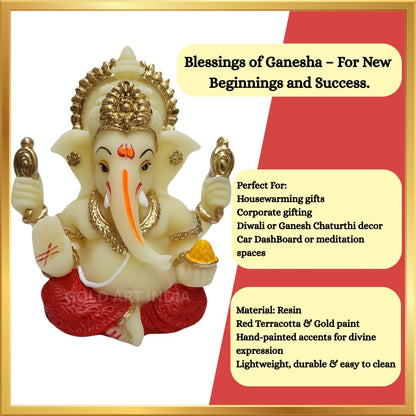 Gold Art India Peach Ivory 4-Hand Ganesha with Mukut for Home Decor Idol Ganesha Murti Ganpati Idol for car Dashboard Puja Lord Ganesh Statue Gift for Office Desk Puja Room Figurine