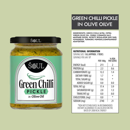 ADF Soul’s Spicy green chillies pickled in 100% Olive Oil with bold, tangy and traditional Indian spices | 265g