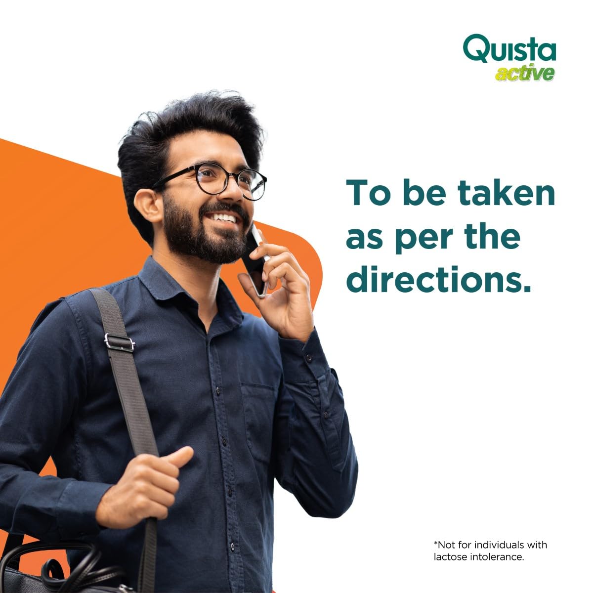 Man with glasses and a backpack against an orange and gray background with 'Quista Active' branding.