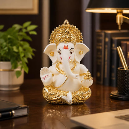 Gold Art India Lord Ganesha Gold Plated Idol | Elegant Off White Finish | Premium Peacock Green Velvet Gift Box | Ganesh Murti for Home Temple, Office Desk & Car Dashboard | Spiritual Gift