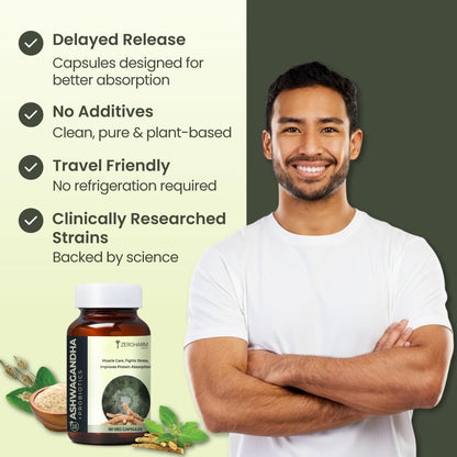 ZEROHARM Ashwagandha Probiotic Supplement | Prebiotics for Gut Health, Stress Balance, Muscle Support & Protein Absorption | 100 Billion CFU, Psyllium Husk | For Men & Women | 60 Veg Capsules