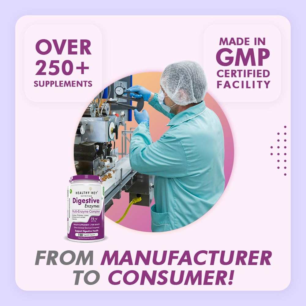 Person in a GMP certified facility with text about supplements and a product image.