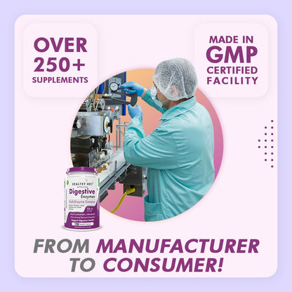 Person in a GMP certified facility with text about supplements and a product image.