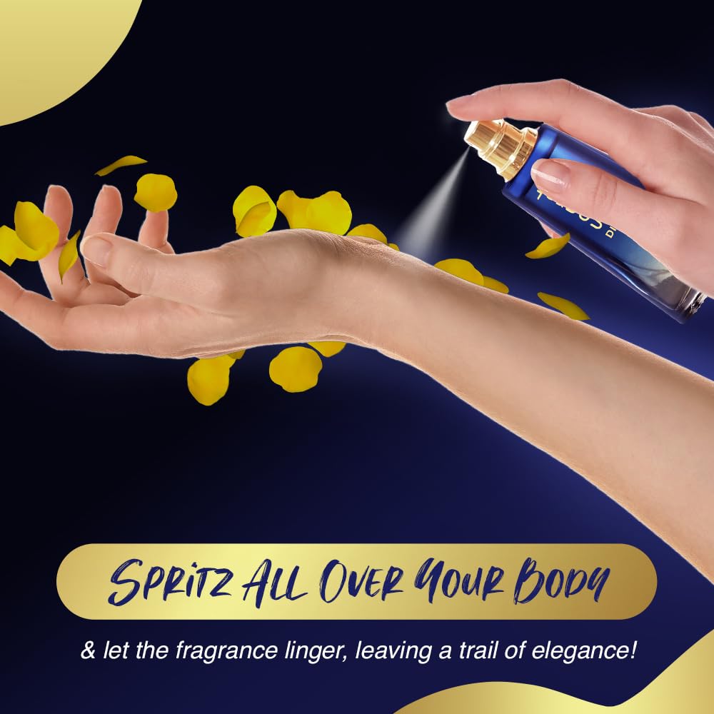 Hand spritzing perfume on another hand with yellow flowers and a dark background