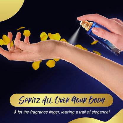 Hand spritzing perfume on another hand with yellow flowers and a dark background
