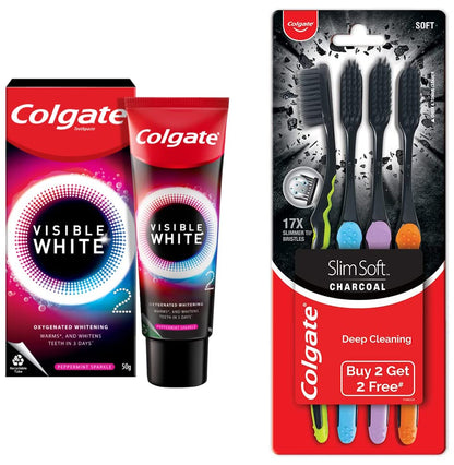 Colgate Visible White O2, Teeth Whitening Toothpaste, Peppermint Sparkle, 50g & Colgate Slim Soft Charcoal Toothbrush (Buy 2 Get 2 Free) - 4 Pcs