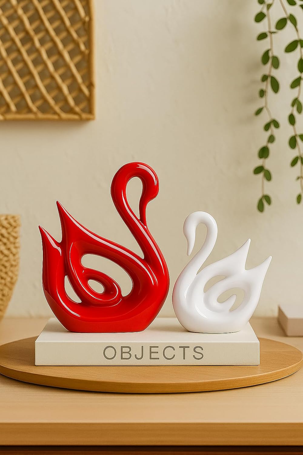 Xtore Lucky Swan Couple Piano Finish Ceramic Figures for Home Decor (Set of 2 Pc, Large, White & Red)
