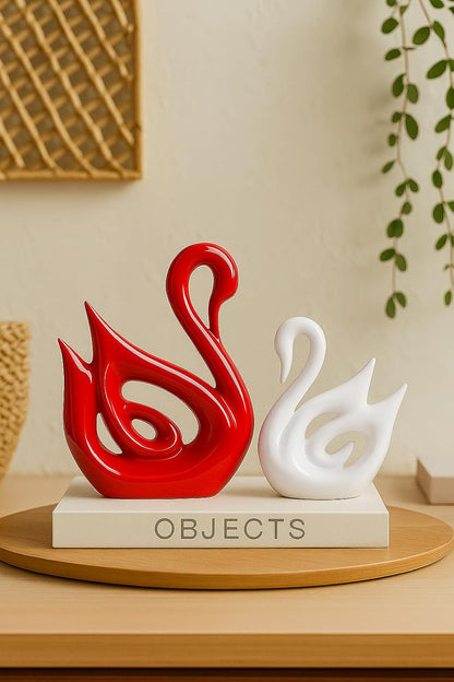 Xtore Lucky Swan Couple Piano Finish Ceramic Figures for Home Decor (Set of 2 Pc, Large, White & Red)
