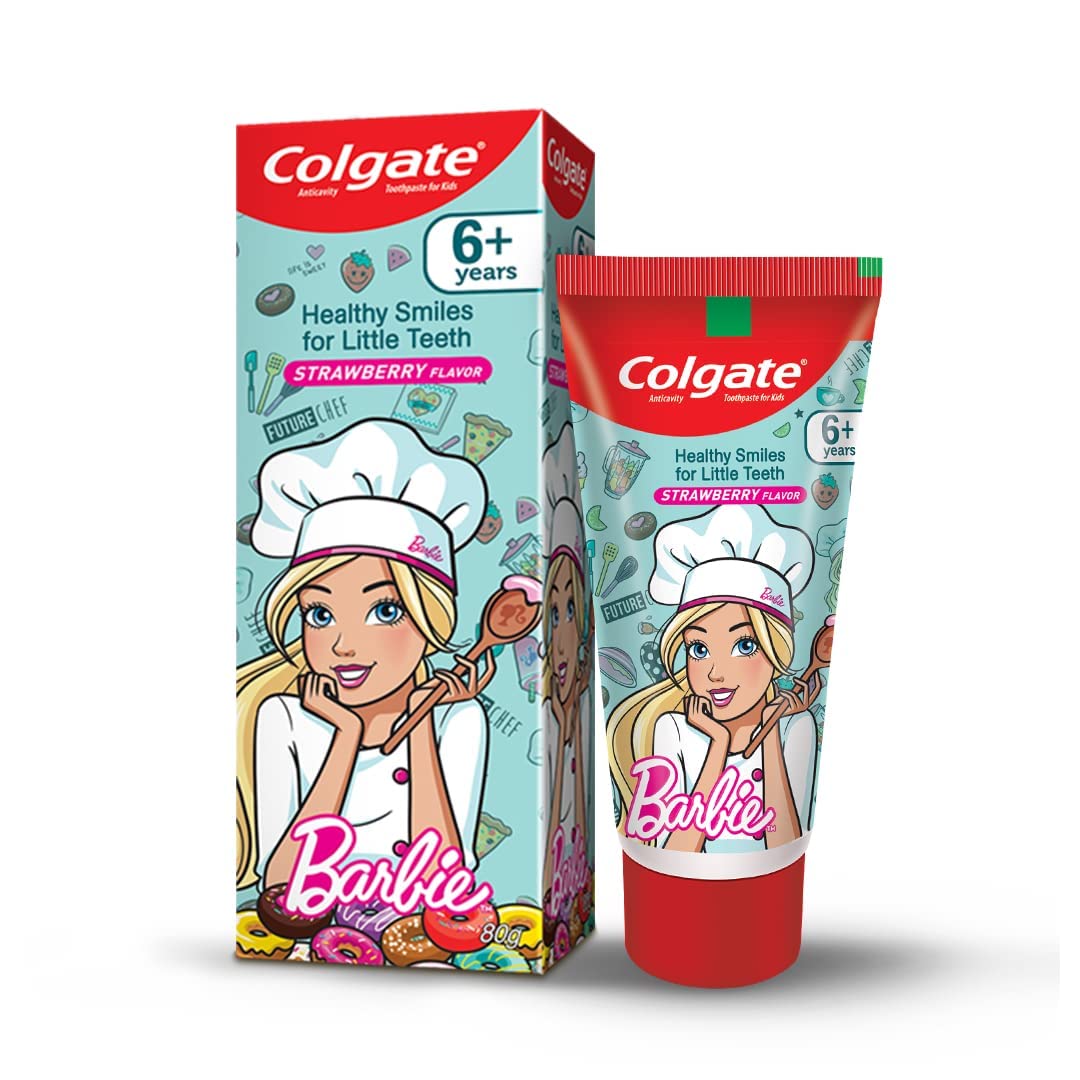 Colgate Kids Barbie Toothbrush, Extra Soft with Tongue Cleaner (Pack of 3) & Colgate Kid's Barbie 80g Anticavity Toothpaste -Strawberry Flavour for Cavity Protection, Enamel Protection COMBO