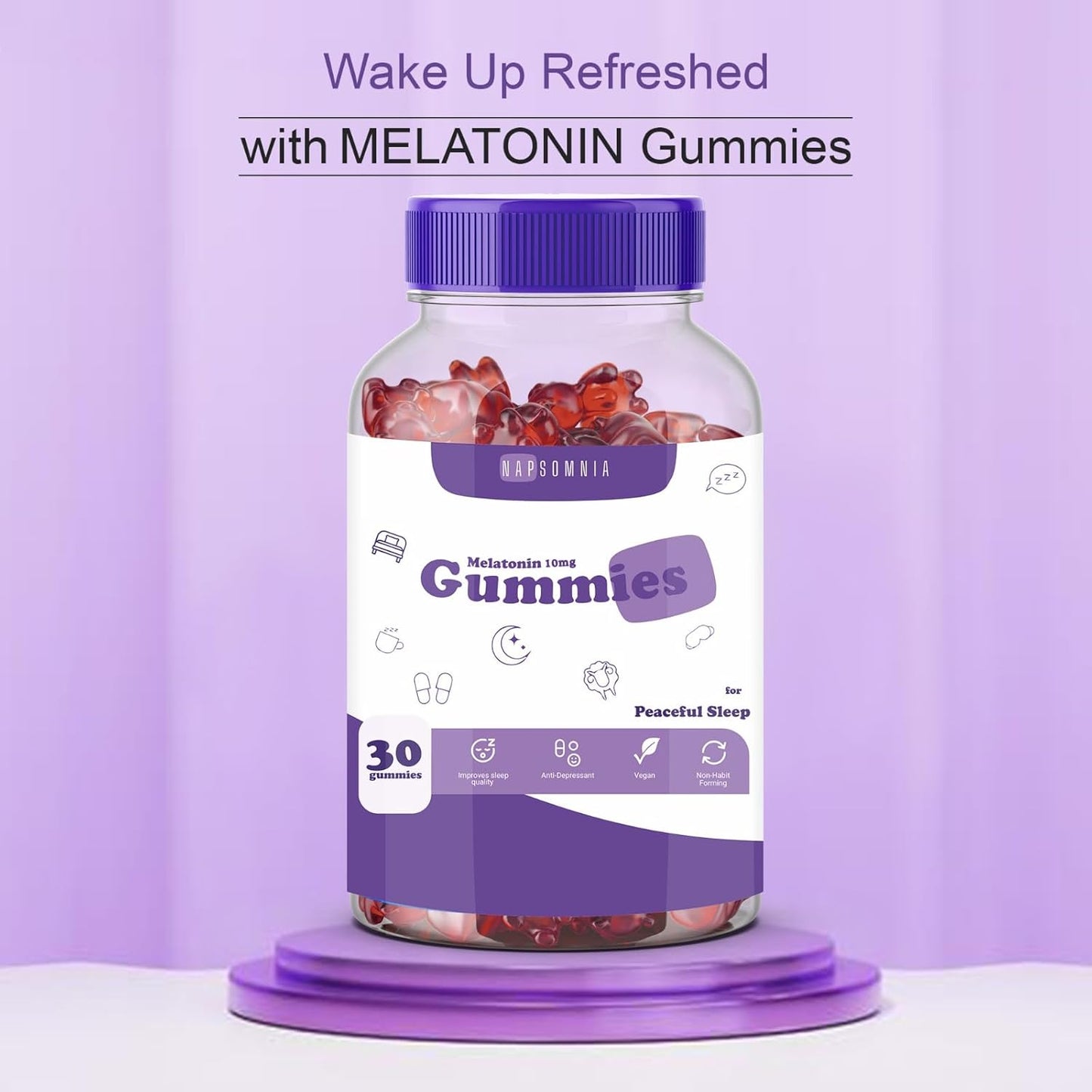 NAPSOMNIA Sleep Melatonin Gummies 10mg - Fall Asleep Fast & Wake Up Regenerated Gummies, Non-Addictive and No Next-Day Drowsiness, Black Current Flavor Sleeping Gummies for Deep Sleep (30 Count)