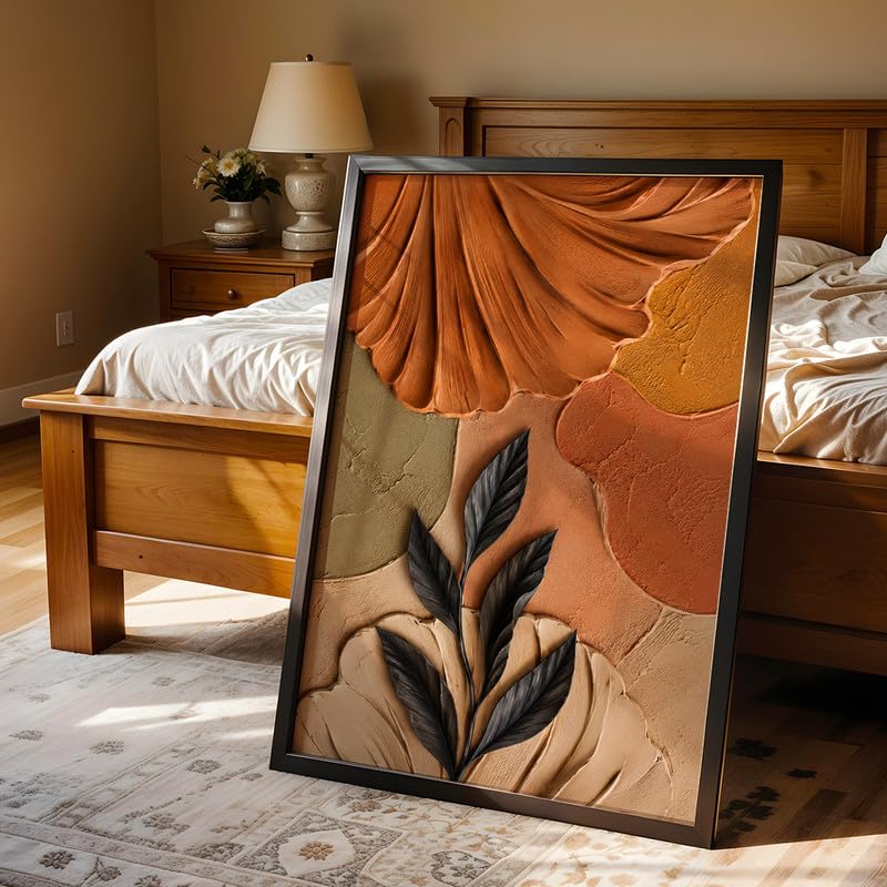 Abstract Leaf Wall Painting with Frame Set of 1 | Premium Textured Black Leaf Artwork, Earthy Terracotta Botanical Wall Decor for Living Room, Bedroom, Office and Home Decoration (Art-15,10x13inch)